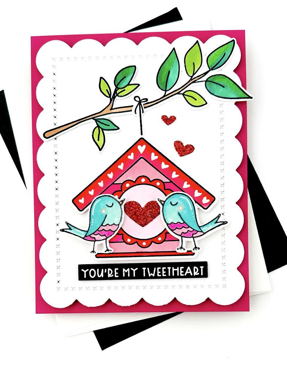 Handmade greeting card with two birds on it with you're my tweetheart sentiment on it.
